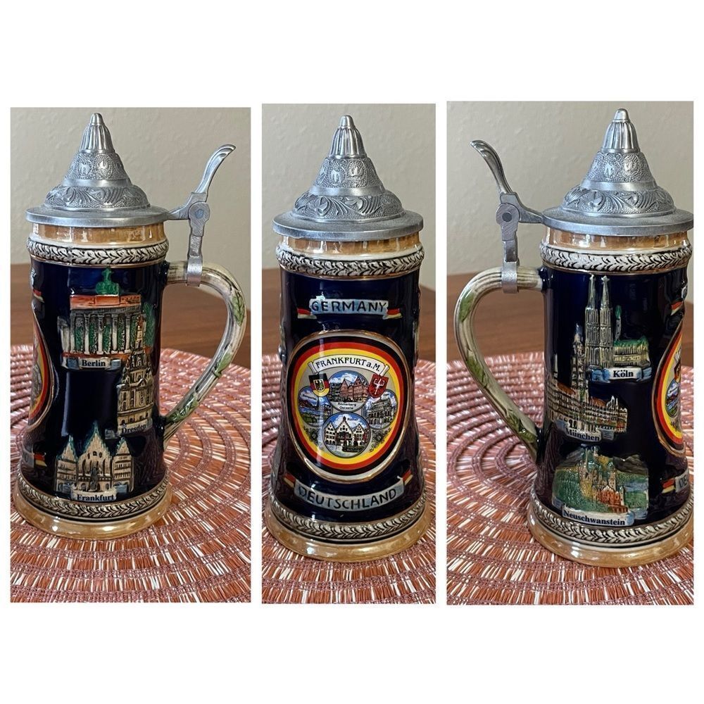 Vintage Germany 1/2 Liter Ceramic Hand Painted Beer Stein With Metal Lid